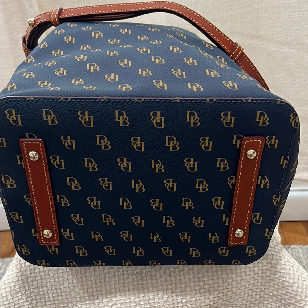 Dooney & Bourke Navy and Brown Drawstring Bucket Shoulder Bag - Picture 6 of 10
